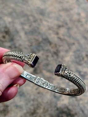 Bali Sterling Silver Cuff Bracelet with 18k Beads Amethyst Gemstone
